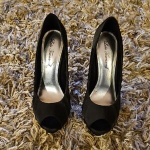 Lulu Townsend Black Satin Peep-Toe Heels
